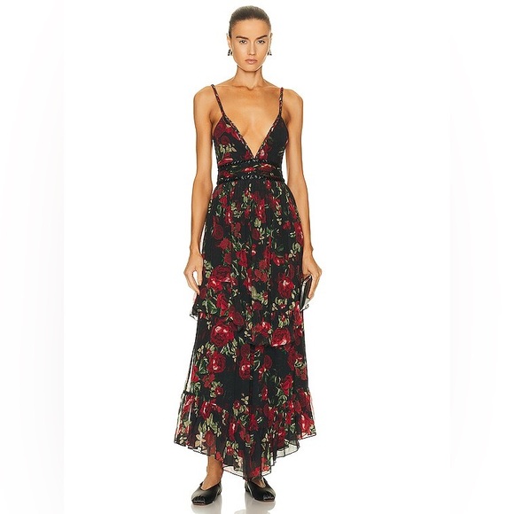 Rococo Sand Tiered Maxi Dress in Black/Red Roses NWT Size XS Retail $478